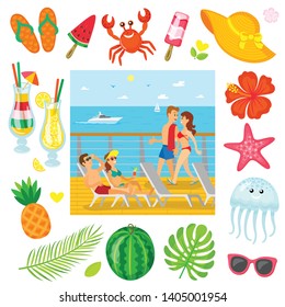 Summer objects, voyage or cruise, summertime traveling and recreation vector. Tourists on ship deck in swimwear, crab and jellyfish, cocktail and ice cream, pineapple