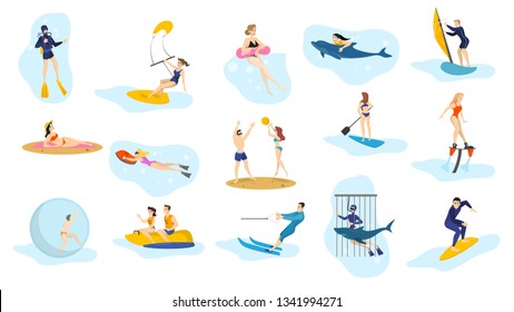 Atividades oceânicas de verão definidas. Esporte aquático, férias na praia. Surfar e nadar, mergulhar. Ilustração vetorial isolada em estilo cartoon