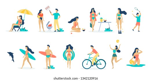 Summer ocean activities set. Water sport, vacation on the beach. Surfing and swim, diving. Isolated vector illustration in cartoon style