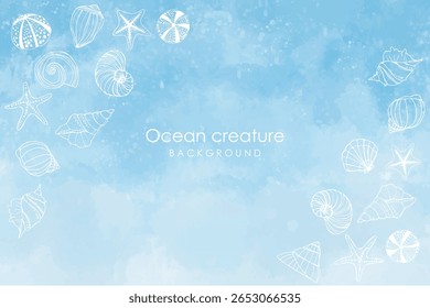 Summer ocean animal shells line art watercolor background. Hand drawn set of seashells and starfish in vintage engraving style watercolor background