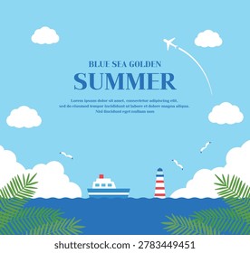 Summer ocean background banner with a cruise ship, lighthouse, and airplane flying in the blue sky. Tropical coast travel marketing template illustration with palm leaves and clouds.