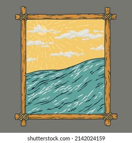 Summer ocean background or sea frame with sun and wave. Tiki bar poster or print design