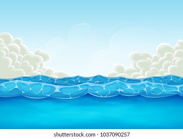 Summer Ocean Background For Ui Game/
Illustration of cartoon wide water waves and ocean patterns, for summer holidays vacations landscape, or background for ui game