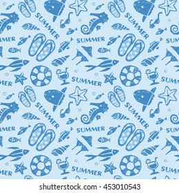 Summer, Ocean, beach image seamless pattern on light blue background