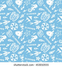 Summer, Ocean, beach image seamless pattern on light blue background