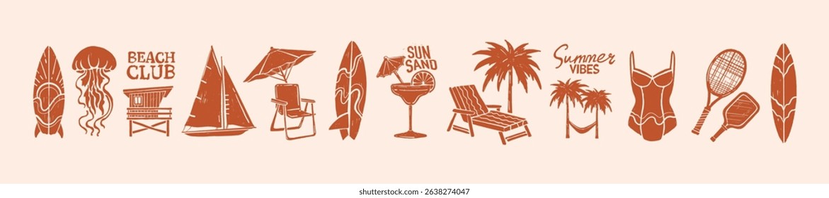Summer ocean beach print, vector hand drawn sea coastal silhouette tropical vacation postcard set. Travel minimal icon, palm tree, surfboard resort relax graphic sign. Groovy summer beach illustration