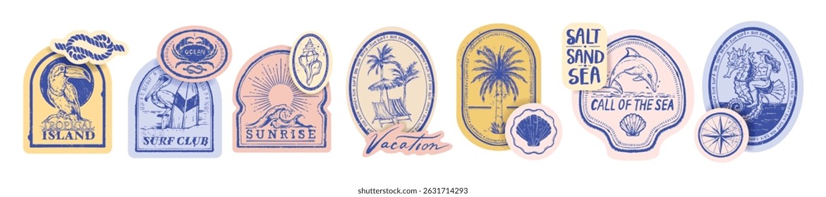 Summer ocean beach sticker set, vector engraving retro tropical sea label exotic vintage logo kit. Hand drawn postage tourism travel badge surf club sign, coastal marine design element. Summer sticker