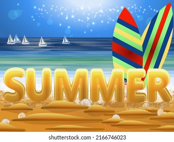 Summer ocean card with surfboard. vector illustration