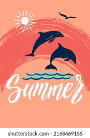Summer ocean dolphins postcard with hand drawn lettering