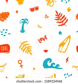 Summer ocean doodle seamless pattern with palm, waves, surf board, fashion travel print for t-shirt, colorful background