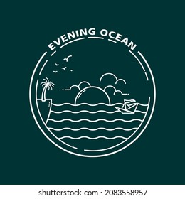Verano de la noche de los océanos vibraciones vectoriales pintado a mano estilo de la línea de diseño de la línea de arte. Plantilla de diseño de logotipo de arte costero de verano. Diseño del logo retro vintage por la noche en el océano. Diseño del logotipo retro vintage de Summer Vibes