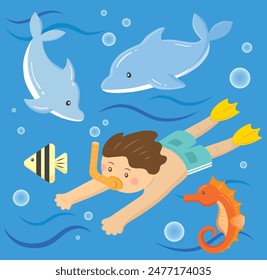 Summer ocean illustration with snorkelers and dolphins