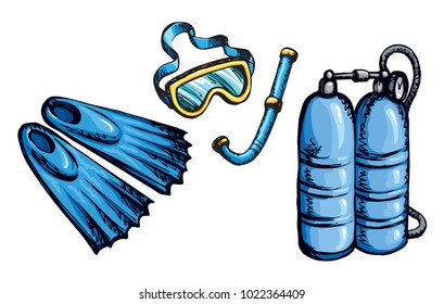 Summer ocean nautical outfit stuff. Rubber swimfins boots, plastic mouthpiece pipe and protect spectacle isolated on white background. Bright color hand drawn sketch in modern art doodle graphic style