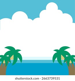 Summer Ocean and Palm Trees Background Illustration with Blue Sky and Clouds Tropical Design