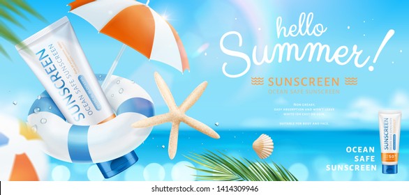 Summer ocean safe sunscreen with starfish and parasol elements on bokeh glitter beach scene, 3d illustration