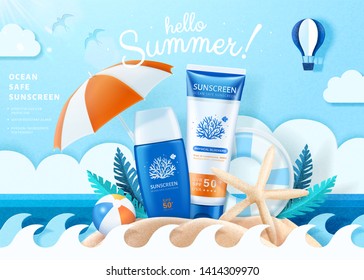 Summer ocean safe sunscreen with starfish and parasol elements on paper art beach scene, 3d illustration