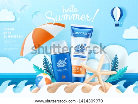 Summer ocean safe sunscreen with starfish and parasol elements on paper art beach scene, 3d illustration