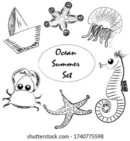Summer Ocean Set Of Icons. Marine Creatures And A Ship, Black And White, Grunge