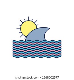 summer ocean with shark fin and sun detailed style vector illustration design