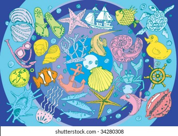 Summer ocean sketches colorful background