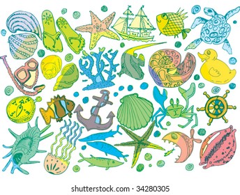 Summer ocean sketches colorful gradient set