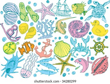 Summer ocean sketches colorful set