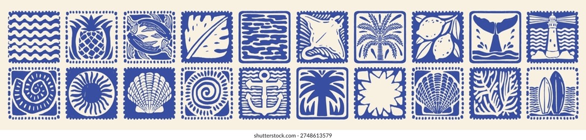 Summer ocean stamp, hand drawn vector tropical vacation sticker set, vintage blue square mosaic. Island coastal design print, sea shore marine collage tile, wave, sun icon. Retro summer stamp graphic