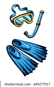 Summer ocean stuff. Rubber swimfins boots, blue plastic mouthpiece pipe and spectacle isolated on white background. Bright cyan color hand drawn sketch in retro art doodle graphic style. Closeup view