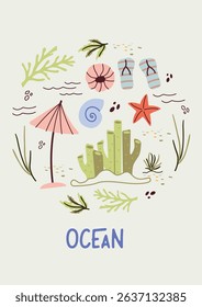 Summer, ocean with trending elements: algae, umbrella, waves, starfish, corals. Fashionable modern art. Cartoon, minimalistic, abstract art Nouveau style. art template for print,  postcard, banner