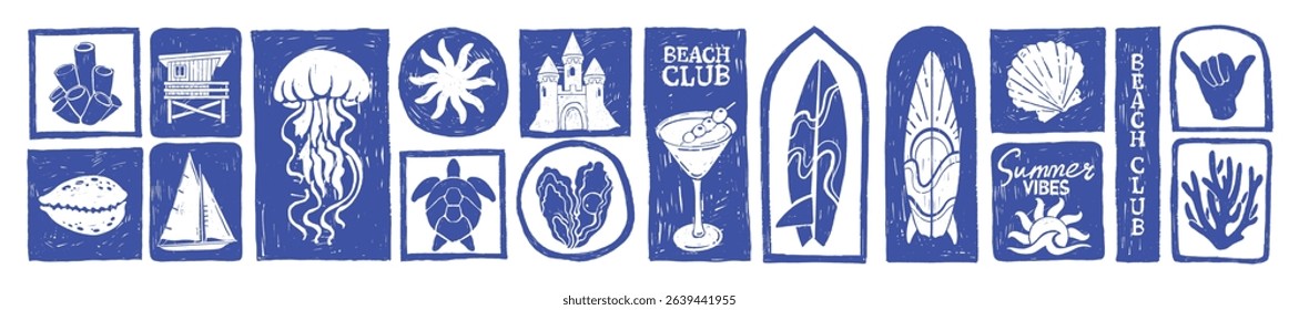 Summer ocean tropical print, vector sea vacation mosaic print, blue coastal sticker set, marine icon. Surfboard beach vintage badge, exotic island seashell, travel resort postcard logo. Summer print