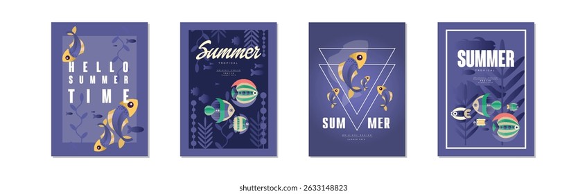 Summer Ocean and Underwater Banner with Fish Swimming in Sea Vector Set