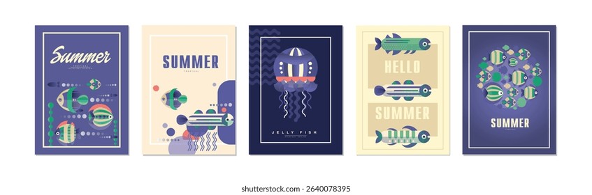 Summer Ocean and Underwater Banner with Fish Swimming in Sea Vector Set