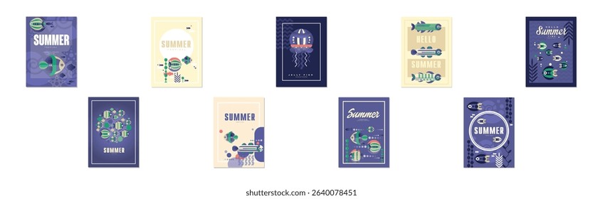 Summer Ocean and Underwater Banner with Fish Swimming in Sea Vector Set
