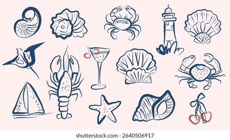Summer Ocean Vacation Line Art Style Drawings Set. Simple Hand Drawn Vacation Art Collection for Trendy Design. Abstract Vector Illustrations in Doodle Sketch Style. Summer Element Set for Design. Not