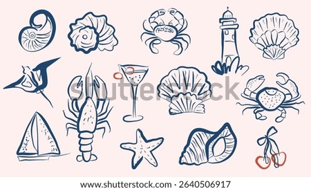 Summer Ocean Vacation Line Art Style Drawings Set. Simple Hand Drawn Vacation Art Collection for Trendy Design. Abstract Vector Illustrations in Doodle Sketch Style. Summer Element Set for Design. Not