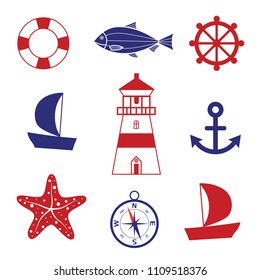 Summer ocean vacation sign set - sailing ship, wheel, fish, compass, lighthouse in blue and red colors
