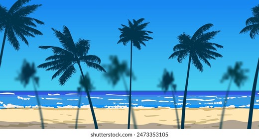 Summer ocean view palms, seashore, horizon banner