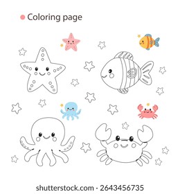 Summer ocean-themed coloring page with cute smiling sea creatures – fish, crab, dolphin, and starfish – with color examples for children's activities.