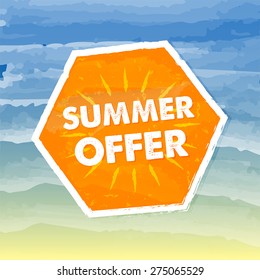 summer offer banner - text in orange hexagon label over yellow blue drawn background, business seasonal shopping concept, vector