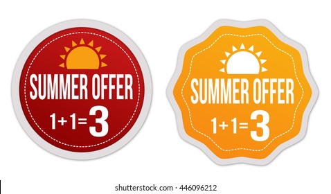 Summer offer buy two get one free stickers or signs on white background, vector illustration