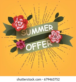 Summer Offer card with flowers elements. Design for Poster, Banner, Flyer. Vector illustration.