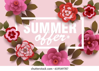 Summer Offer. Composition with flowers and leaves. Design for your poster, banner, flyer. Vector.