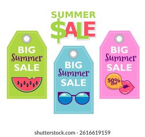 summer offer labels with watermelon, sunglasses, bubblegum