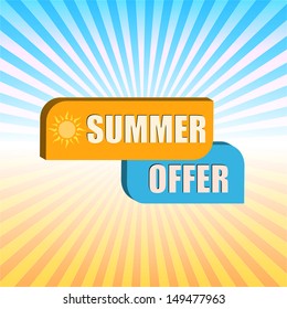 summer offer - orange and blue box over gradient rays, business label, vector