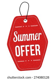 Summer offer red leather label or price tag on white background, vector illustration