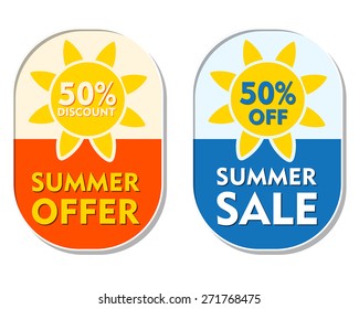 summer offer and sale 50 percent off discount text banners, two elliptic flat design labels with sun signs, business seasonal shopping concept, vector