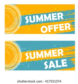 summer offer and sale banners - text and sun sign in yellow blue drawn labels, business seasonal shopping concept, vector