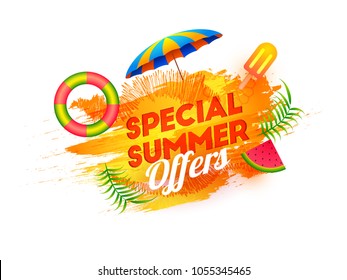 Summer Offer, Sale Poster or Banner Design with watermelon slice, umbrella, and icecreame.
