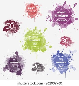 Summer offer stickers with bright watercolor splatters. Big sale and special discounts. Vector Illustration.
