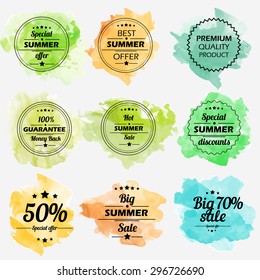 Summer offer stickers with watercolor background. Big sale. Vector Illustration.